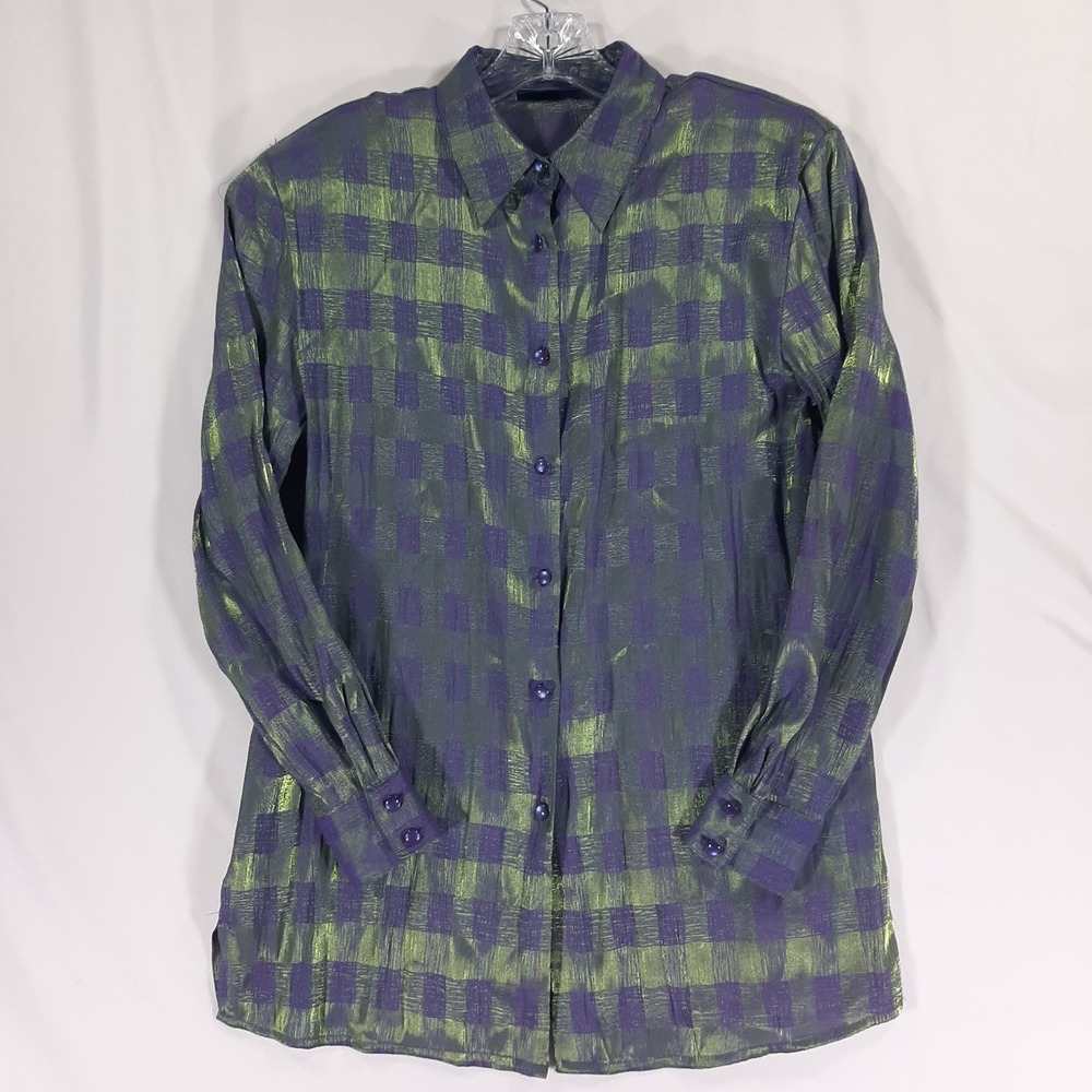 Vintage Purple Green Iridescent Metallic Plaid Button Down Blouse Shirt Small